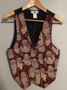 Vintage Imaginations Vest Women Small Red Santa Claus Tapestry Christmas READ